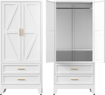 Metal Armoire Wardrobe Closet with Drawers, 71'' Tall Farmhouse Bedroom Armoires with Doors, Freestanding Steel