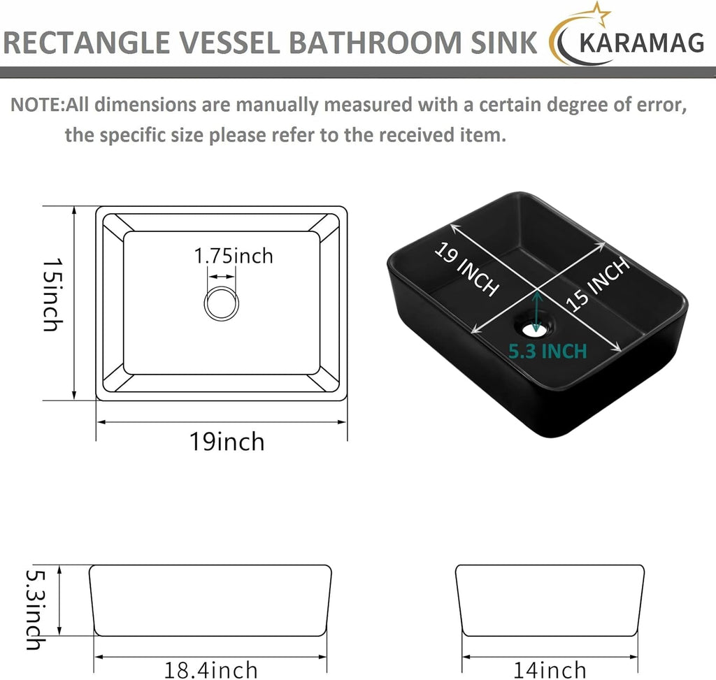 Black Vessel Sink,Rectangle 19"x15" Bathroom Sink Above Counter Porcelain Ceramic Small Sink Bowl Ceramic Vessel Sinks
