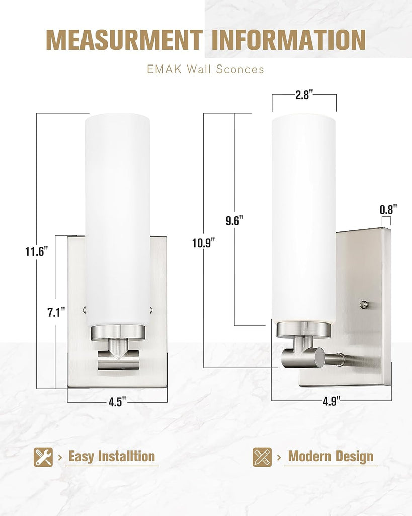 Brushed Nickel Wall Sconces, 2 Light Bathroom Light Fixtures with Milk Glass Shade, Modern Wall Lights , Mirror
