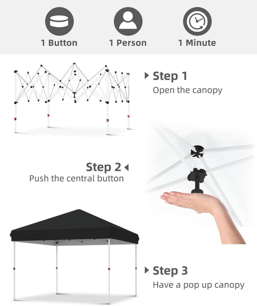 10x10 Pop Up Canopy with One Button Push Setup - Heavy Duty Outdoor Canopy Tent with Portable Roller Bag