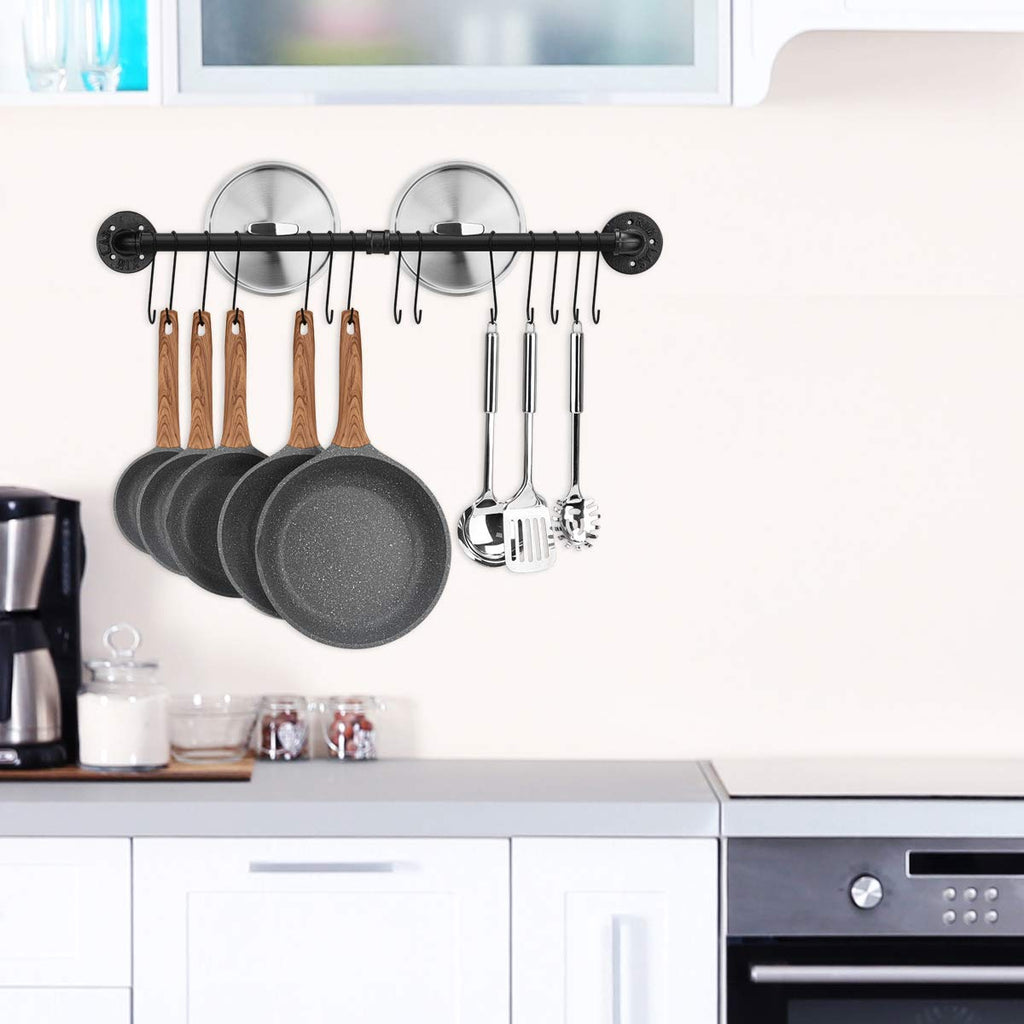 31.5 inch Pot Rack, Kitchen Wall Mounted Detachable Pan Lid Utensils Organizer Hanging Rail with 14 Hooks, Black