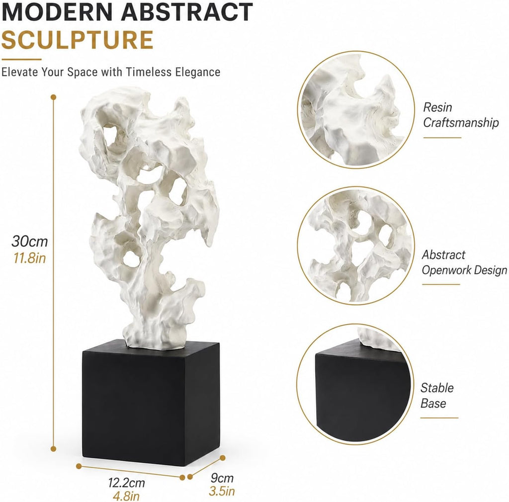 11.8" Modern Abstract Sculpture | Stone Home Decor, Resin White and Black Art Statues , Coffee Table Centerpiece, TV