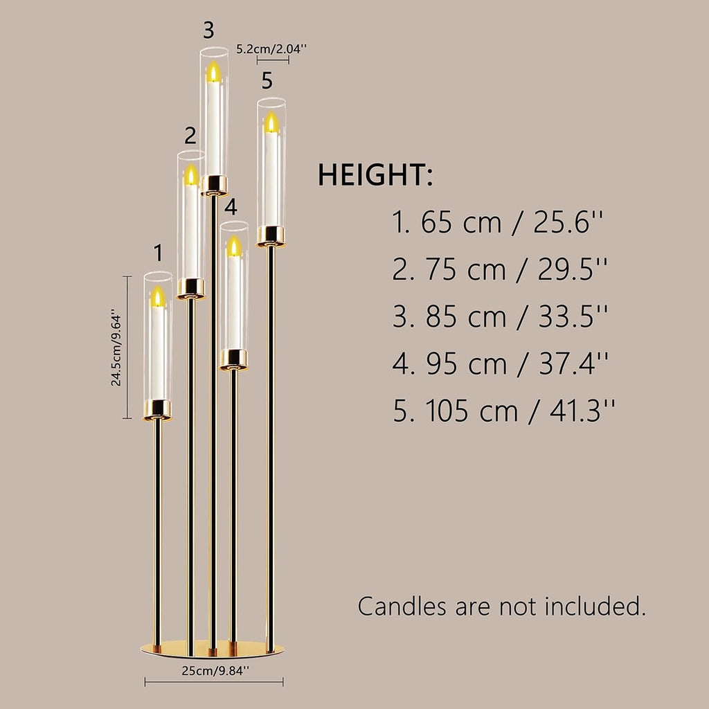 Gold 5-Arm Metal Cluster Taper Candelabra Candle Holders Includes Led Candles & Remote Control, Votive Pillar Candle