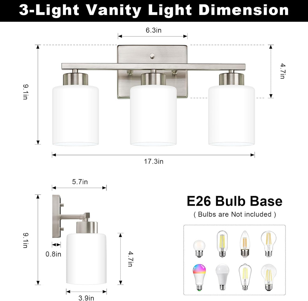 Brushed Nickel Bathroom Light Fixtures Vanity Lights Over Mirror | Modern 3-Light lighting fixtures with Milky White