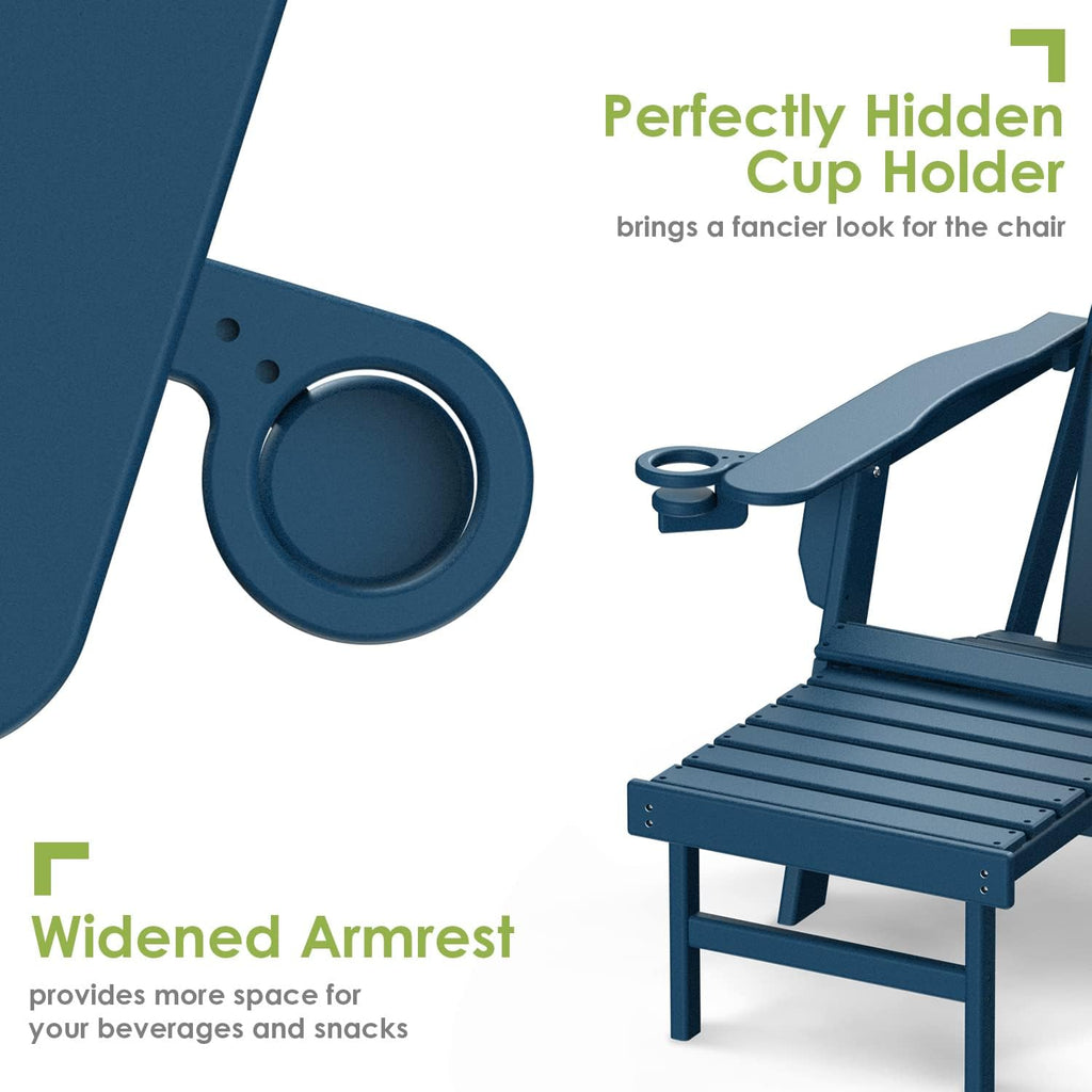 Folding Adirondack-Chairs-with-Ottoman Set of 2, HDPE, Blue | Retractable Foot Rest | Hidden Cup Holders | 5" Wide