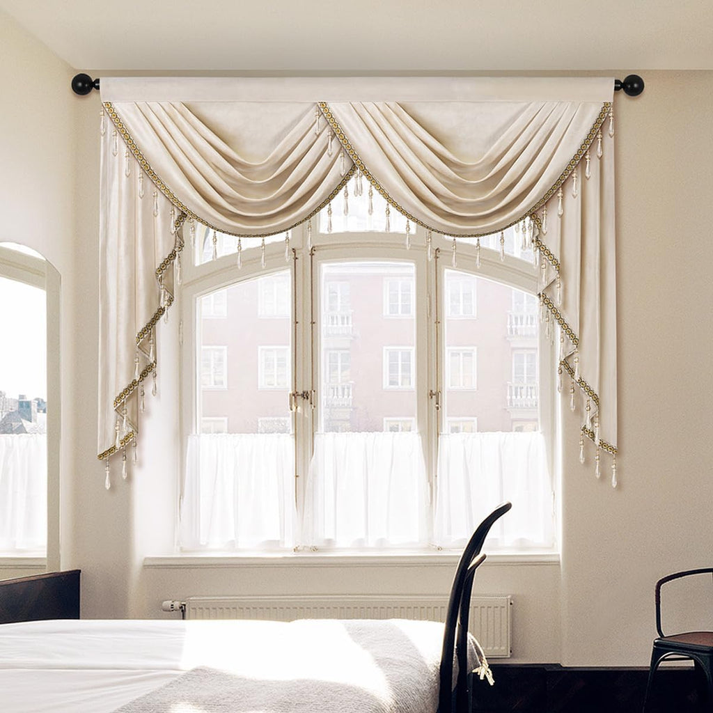 Luxury Cream Velvet Curtain Valances for Living Room with Beads (1 Panel)