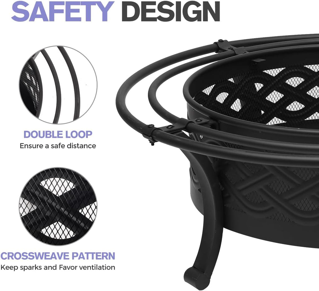 36 Inch Fire Pit with 2 Loops,Crossweave Wood Burning Fire Pits for Outside,with Spark Screen,Fire Poker,Round Outdoor F