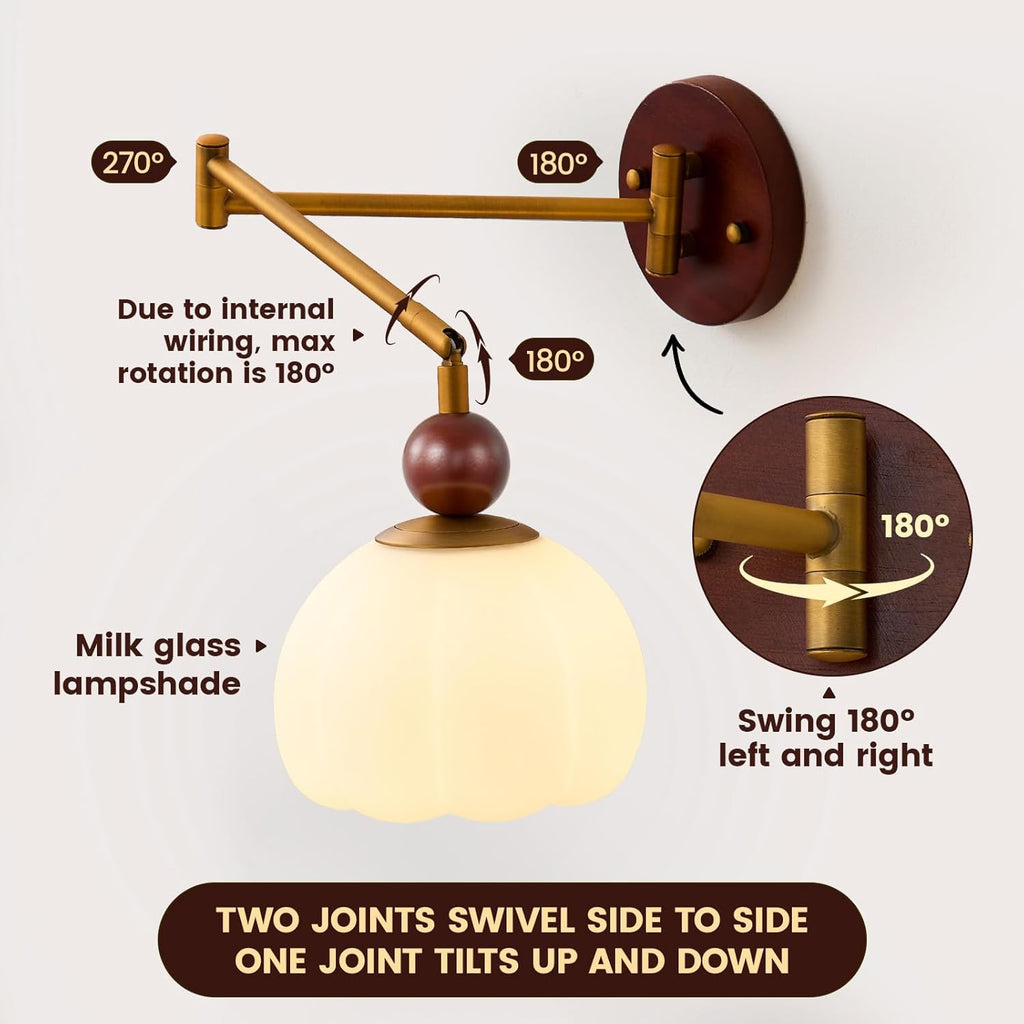 Swing Arm Wall Lamp, Mid Century Modern Adjustable Wall Sconce with Gold Metal Swing and Cream Dome Shade, Retro