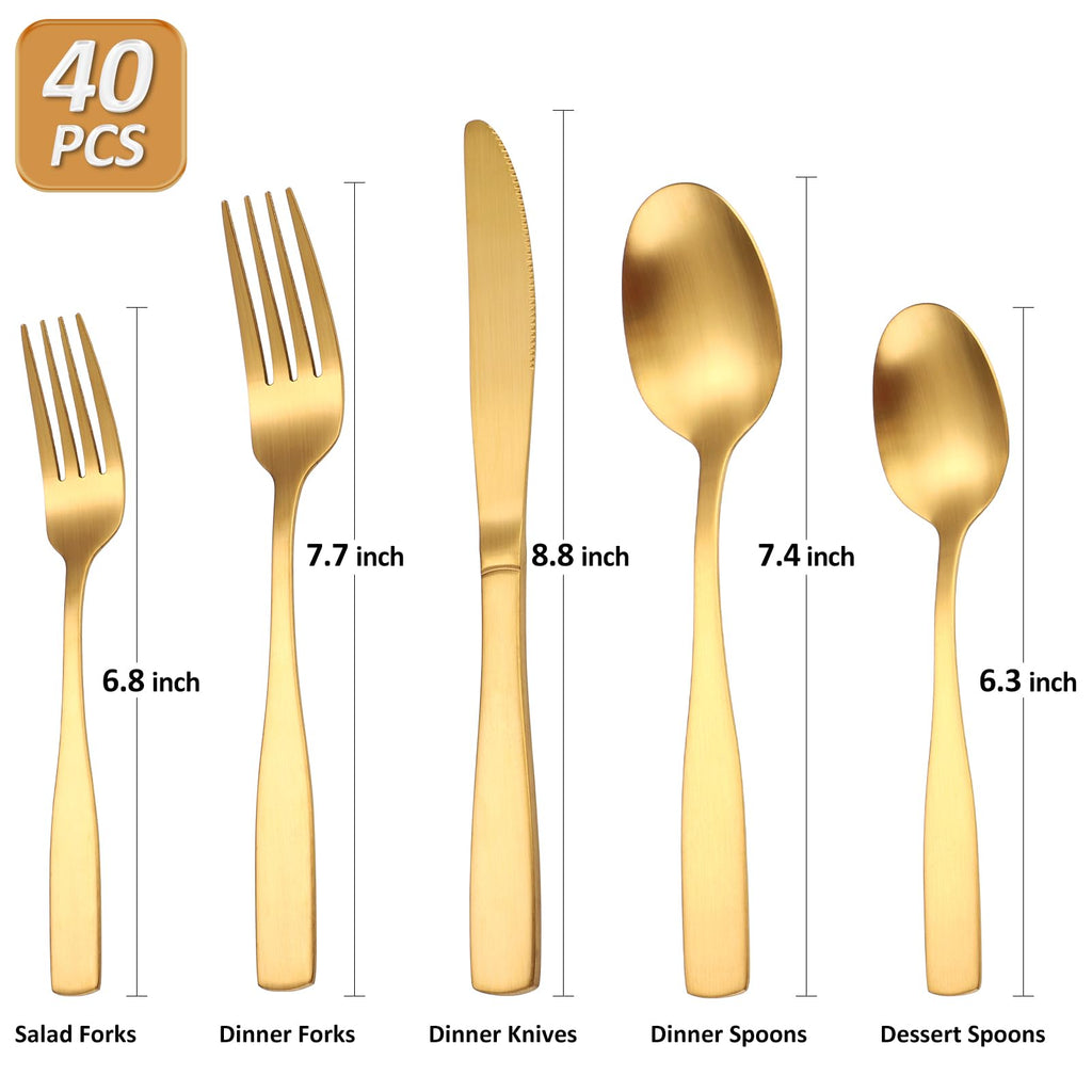 Gold Matte Silverware Set Service for 8,40 Piece Flatware set,18/0 Stainless Steel Utensils Set,Cutlery Utensils