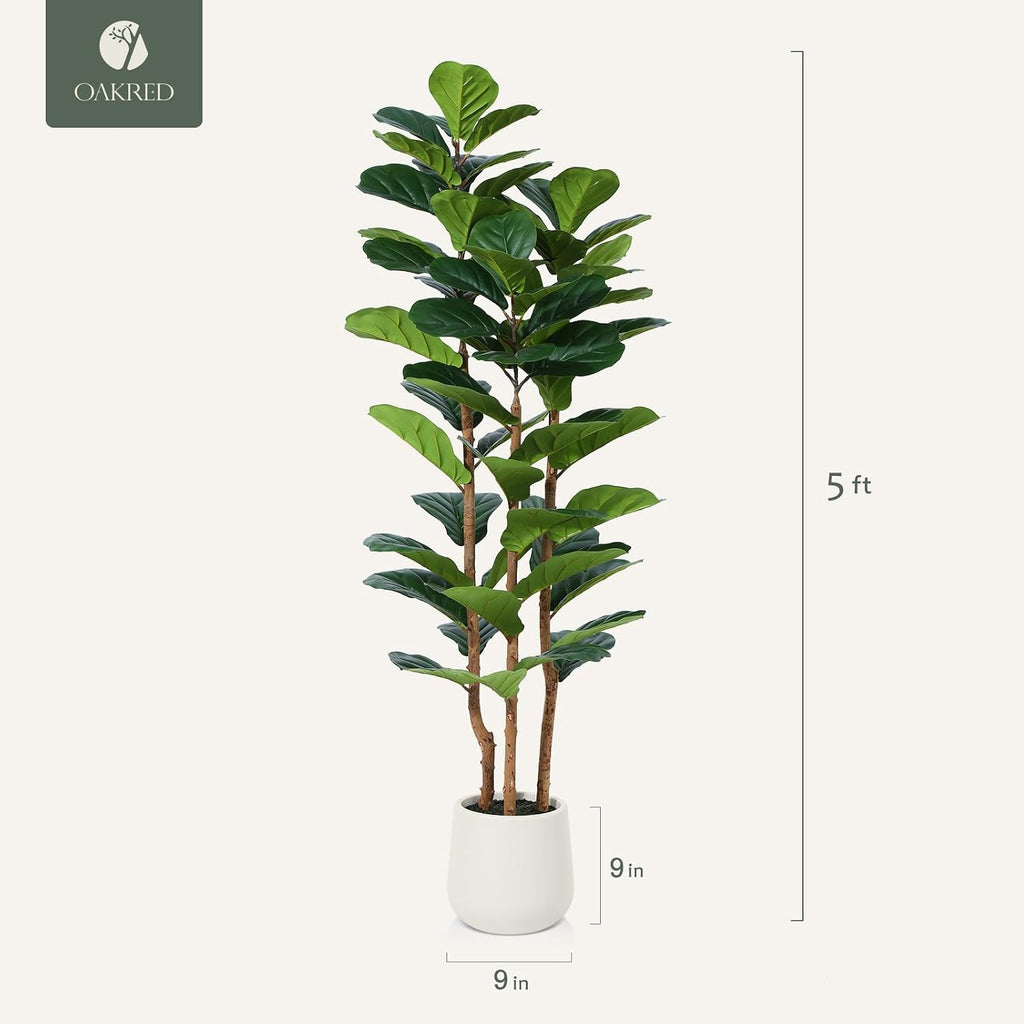 Artificial Fiddle Leaf Fig Tree with White Planter,5ft Tall Fake Tree with Natural Wood Trunk Decor, Faux Ficus Tree