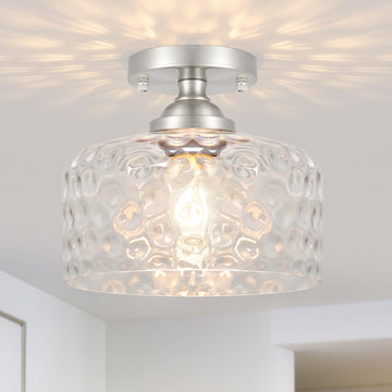 Small Semi Flush Mount Ceiling Light Fixture, Vintage Brushed Nickel Close to Ceiling Lighting with Hammered Glass