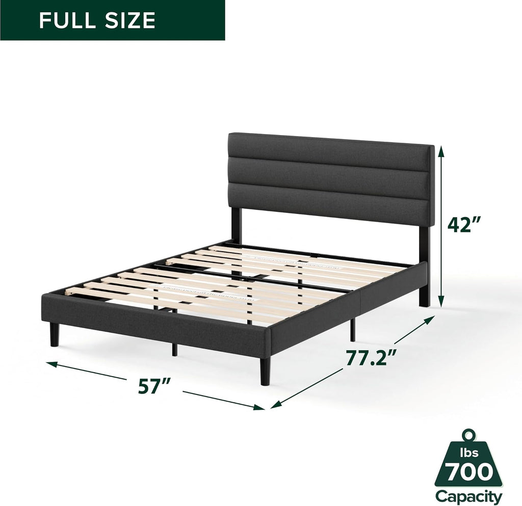 Full Piper Upholstered Platform Bed with Horizontal Paneled Headboard, Wooden Slat Support, No Box Spring Needed