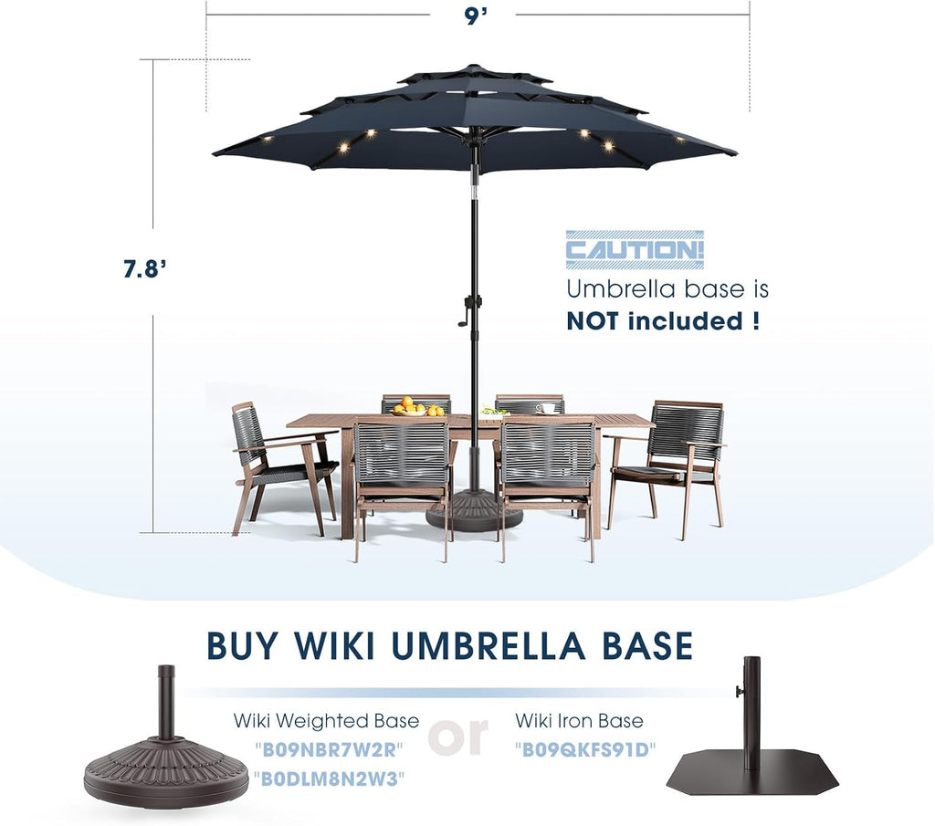 9FT 3Tiers Solar Led Patio Umbrella, Sturdy Outdoor Market Umbrella Pool, Garden w/Tilt, Crank, 32 LED Lights, Navy Blue