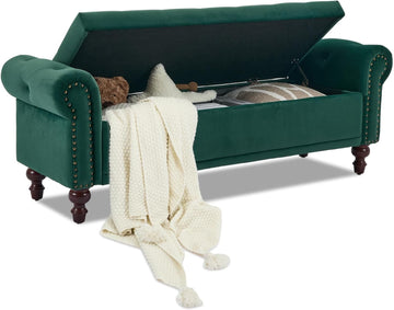 58.1" Storage Bench , Velvet Upholstered, Dark Green | End of Bedroom Bed Bench Ottoman with Tufted Cushioned Rolled