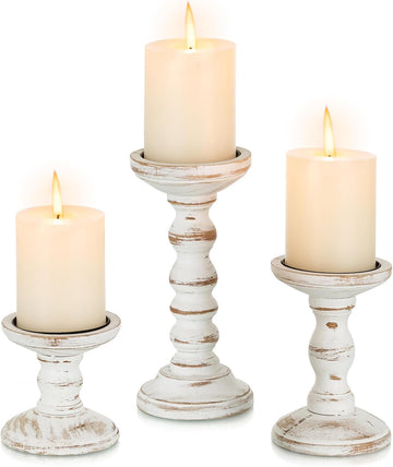 Wood Candle Holders for Pillar Candles - Set of 3 Tall Farmhouse Wooden Candlestick Holder, Rustic Candle Stand for