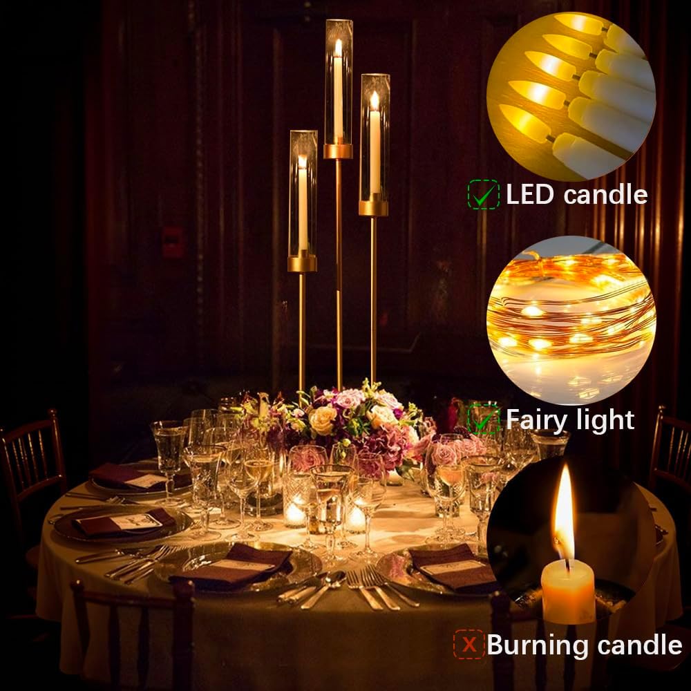 16PCS Gold Candle Holders, 3 Arm Candelabra Centerpiece with Acrylic Lampshade, Tall Metal Candlestick Holder Stand