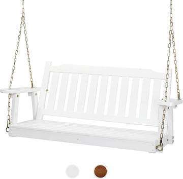 Upgraded 4 FT Wooden Porch Swing, 880 LBS Solid Fir Wood, White | Heavy-Duty Fir Wood Frame; 880-Lb Capacity;