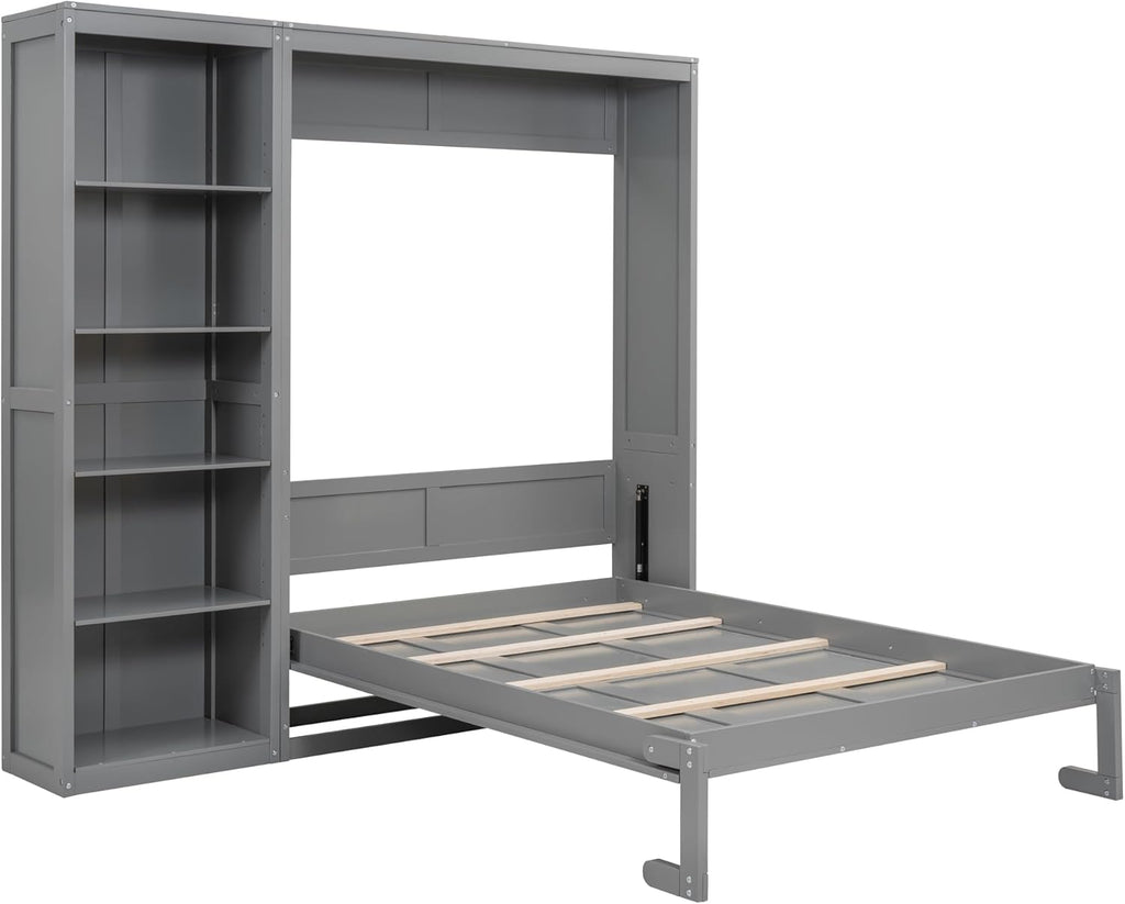 Full Murphy Bed with Storage Bookcase Shelves,Wood Folding Grey Murphy Wall Bed Cabinet