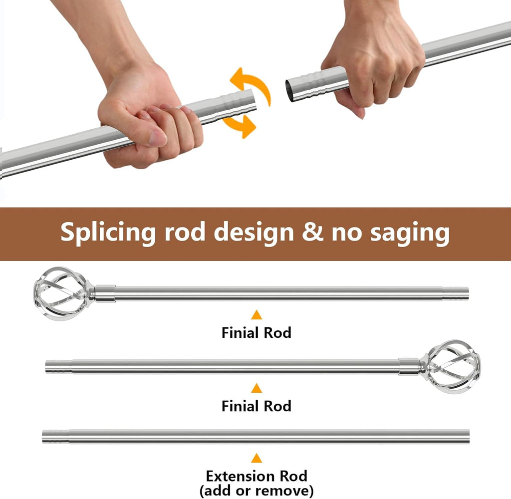 Silver Curtain Rod 30 to 62 inch with Twisted Cage Finials, Decorative Curtain Rods for Windows with Brackets