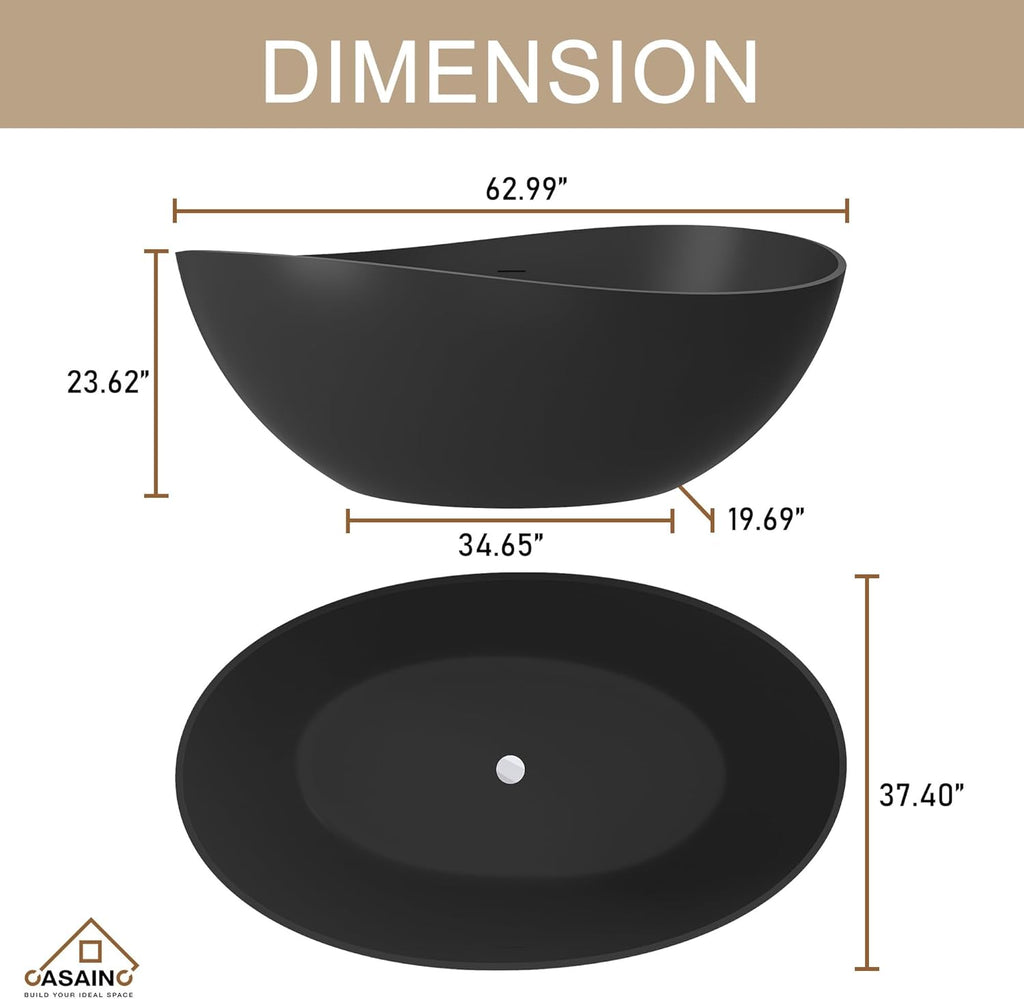 63" Free Standing Tub, Matte Black Stone Resin Freestanding Bathtub Solid Surface Soaking Tub with Drain, Drain Hose