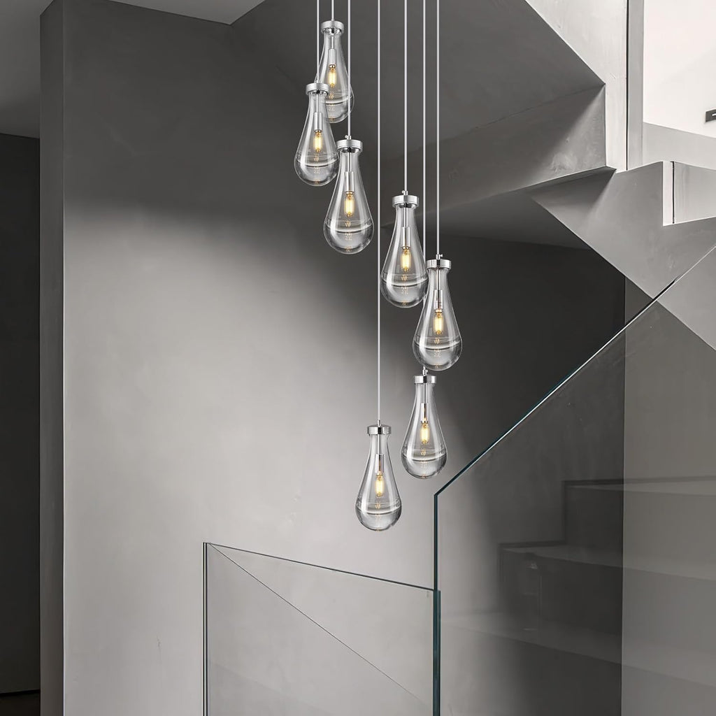 Raindrop Pendant Lights Kitchen Island Teardrop Chrome Hanging Light Fixtures Clear Solid Glass Pendant Light Modern Chandeliers for Dining Room Porch Corridor Living Room (7-Light)