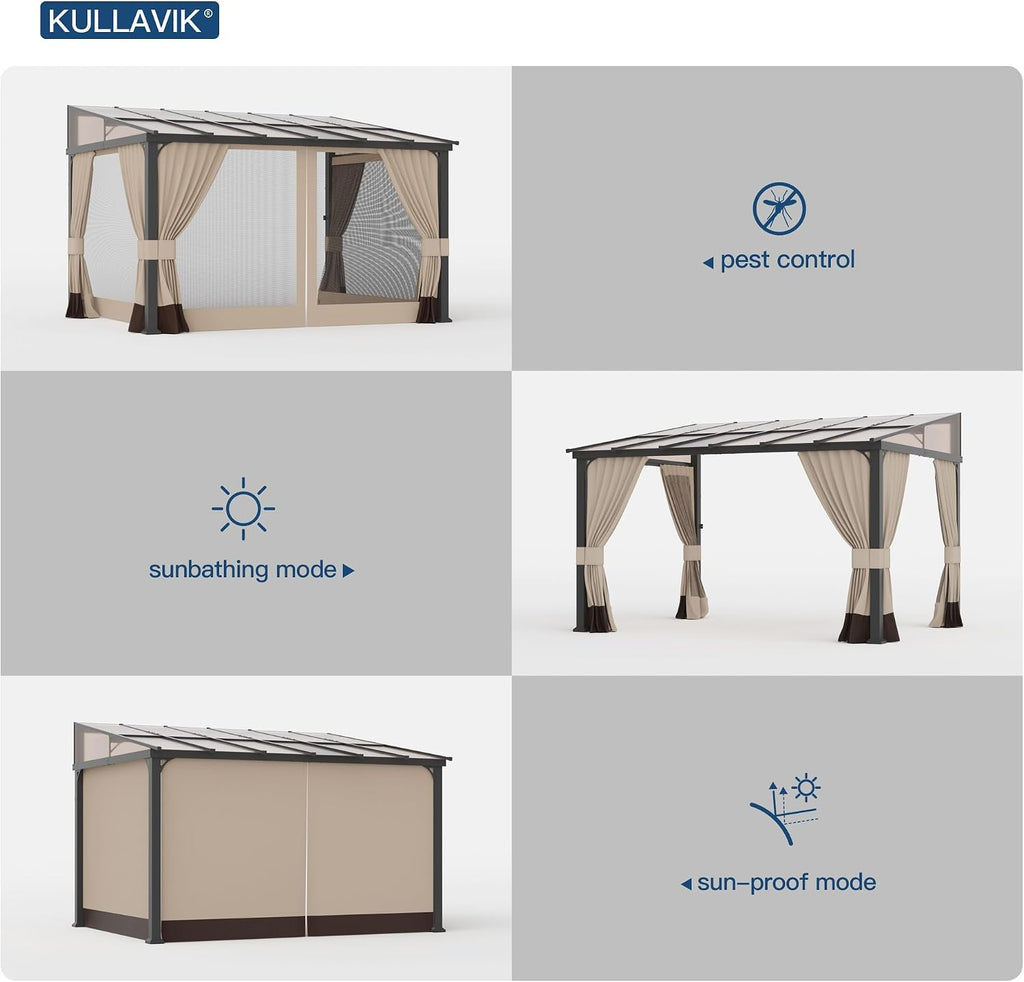 10' × 12' Hardtop Gazebo Wall-Mounted Lean to Gazebo Pergola with Sloping Roof and Durable Aluminum Frame,Large Heavy