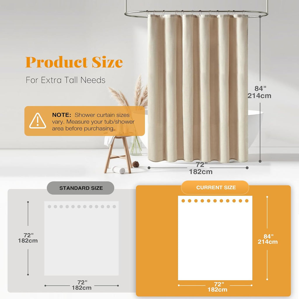 Long Linen Textured Waterproof Shower Curtain Set, 72x84, Beige/Cream | Tall Size, 230GSM Polyester, Heavy Duty
