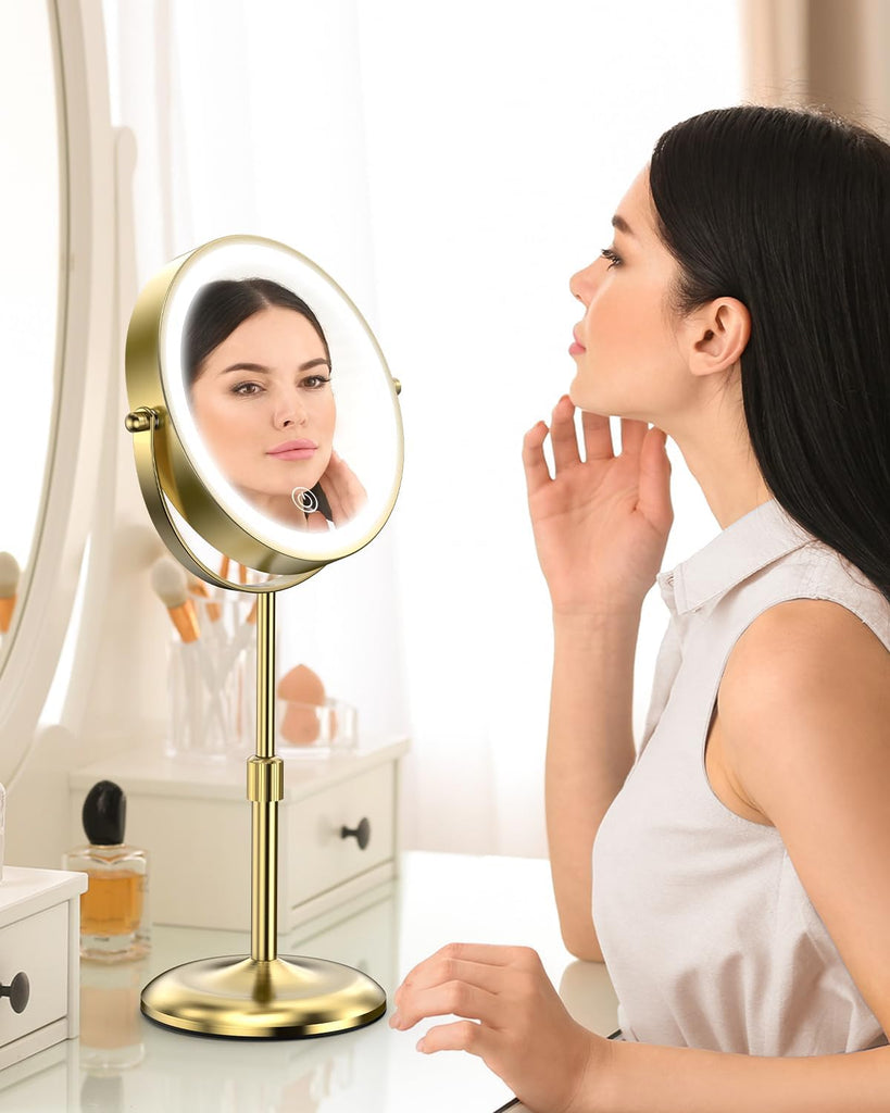 7" Lighted Makeup Mirror with 3 Color Lights & 10X Magnification, Adjustable Brightness & Height, 360° Swivel