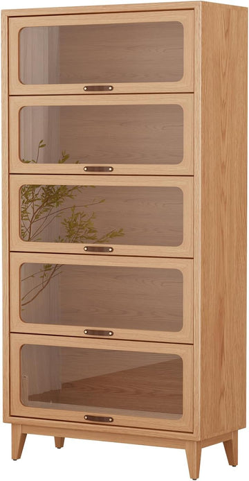 5 Tier Solid Wood Bookcase with Tempered Glass Doors Elegant Wooden Book Shelf with Doors 72H/32w/14 inch Log Khaki