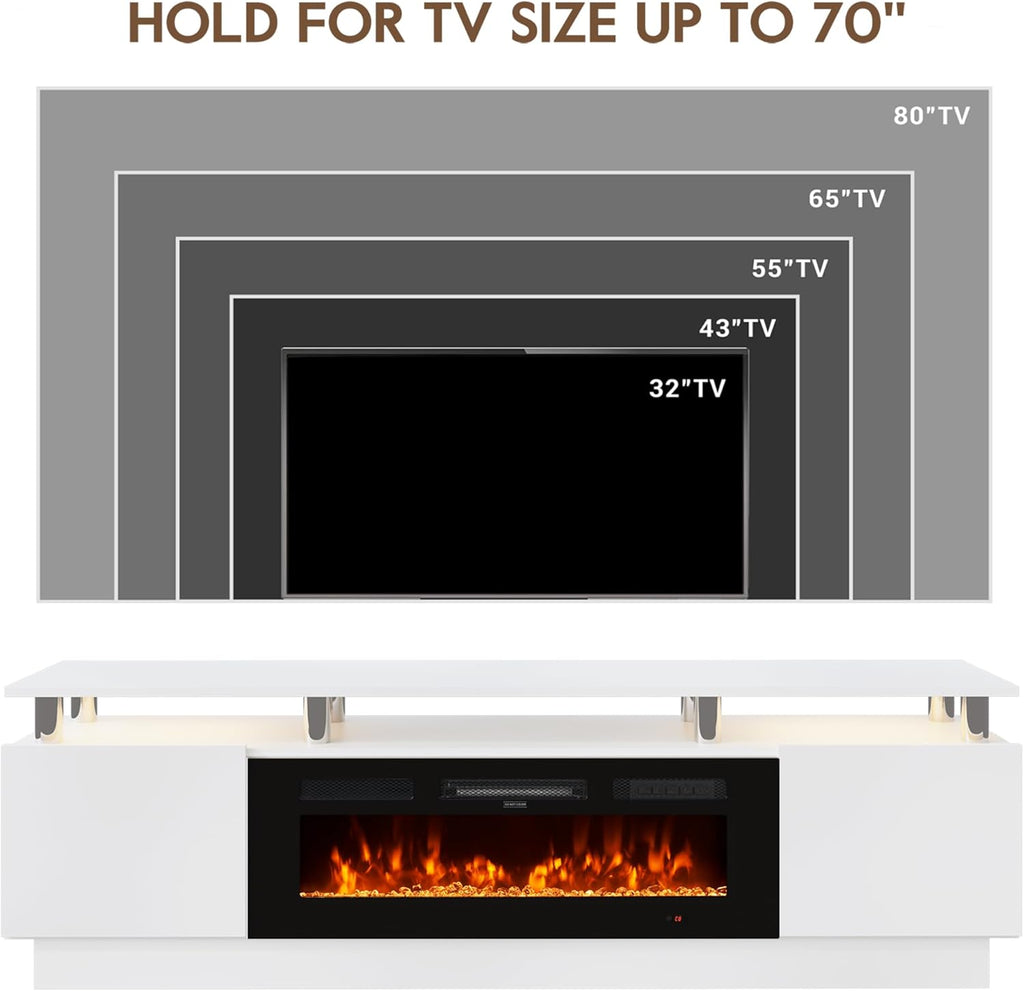 70" Fireplace TV Stand for TVs UP to 80", Electric Fireplace Entertainment Center with LED Lights & Storage Cabinets