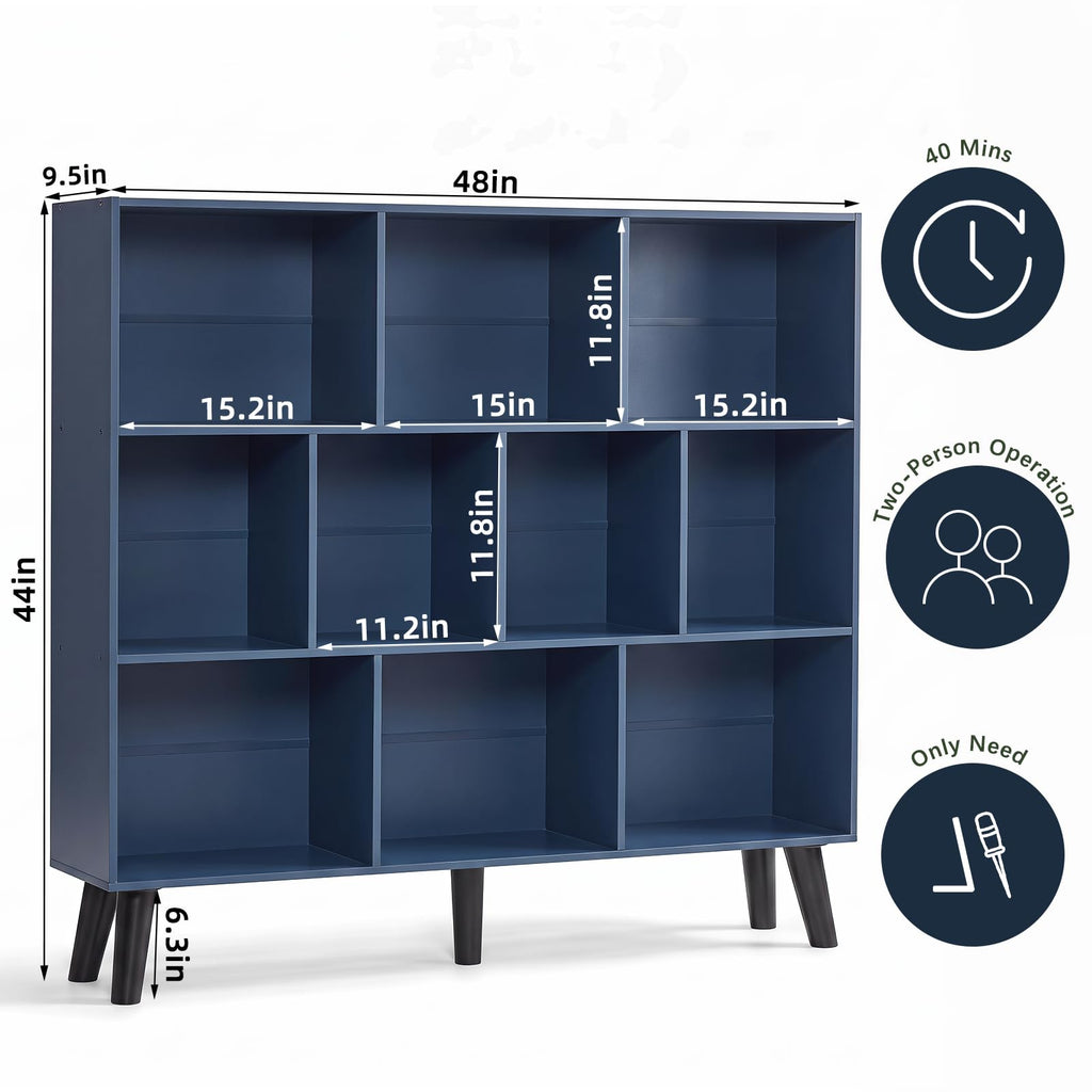 10 Cube Bookshelf, 3 Tier Bookcase with Legs, Dark Blue Mid-Century Modern Bookshelves, Large Free Standing Open Storage