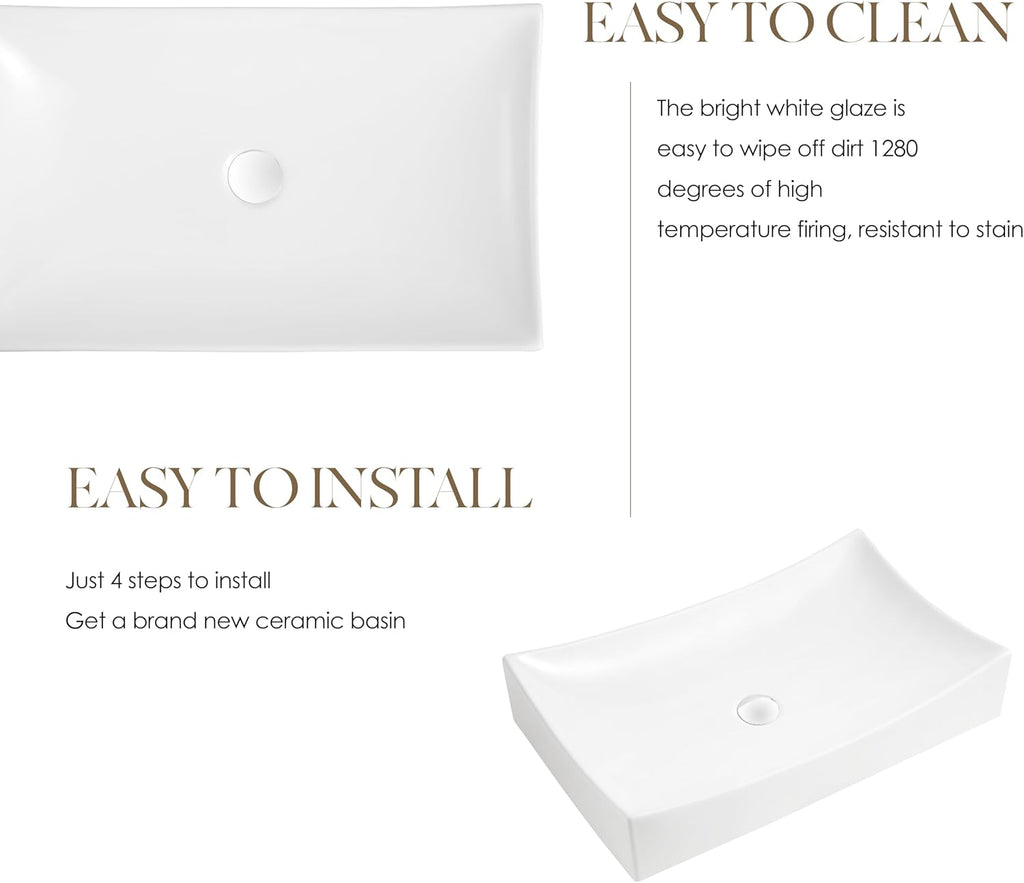 25"x15" Rectangular Bathroom Sink,White Vessel Sink Above Counter Porcelain Ceramic Vessel Sinks for Bathrooms