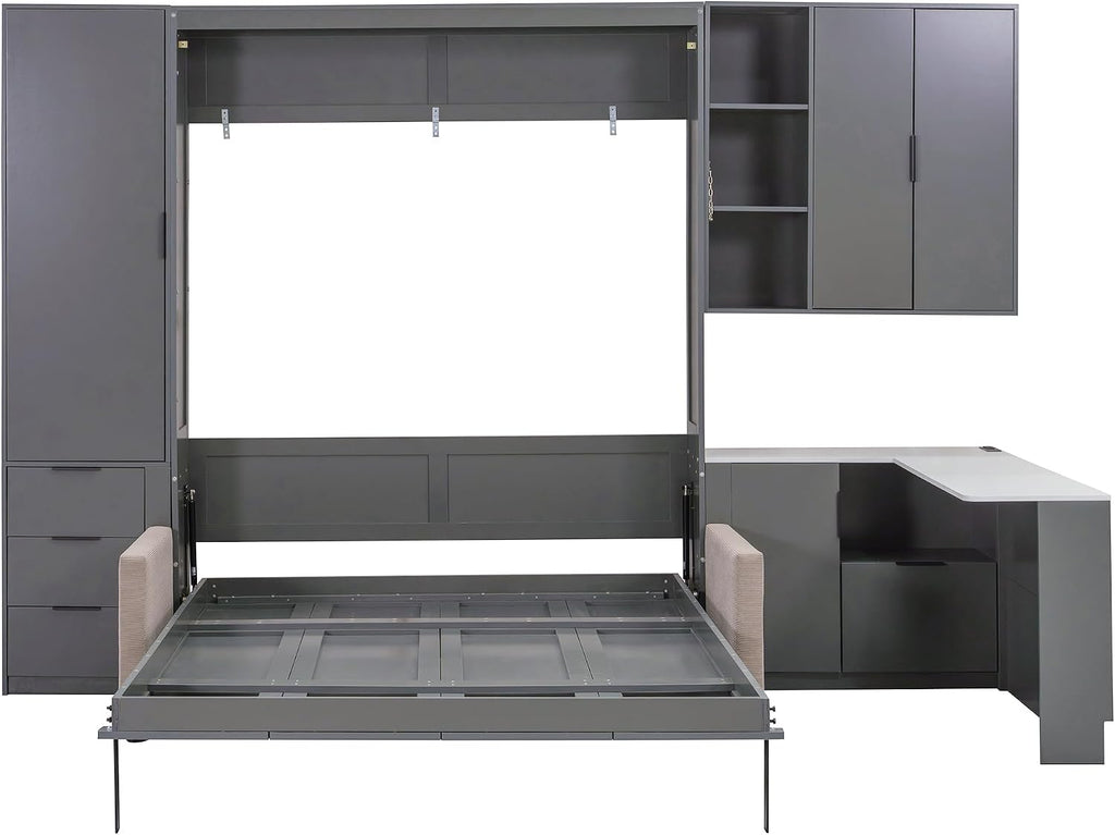 Queen Wood Murphy Bed with Upholstered Sofa & Desk, Multifunctional Foldable Wall Platform Bed w/USB Charging Station
