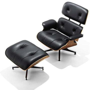 Mid Century Modern Top Grain Leather Chaise Lounge Chair & Ottoman