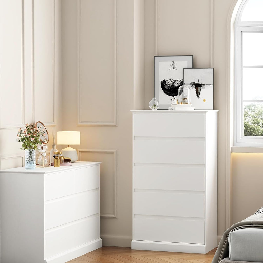 Dresser , Modern Tall White 5 Drawer Dresser, Modern Wood Chest of Drawers