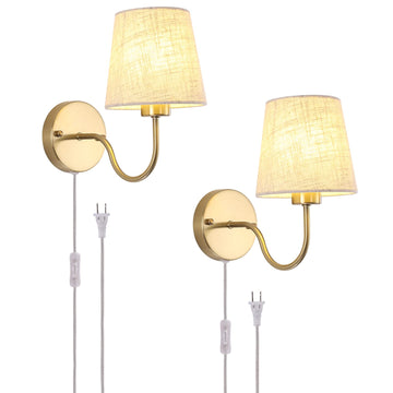 Plug in Wall Sconces Set of Two, Gold Bedside Wall Lamps Lights