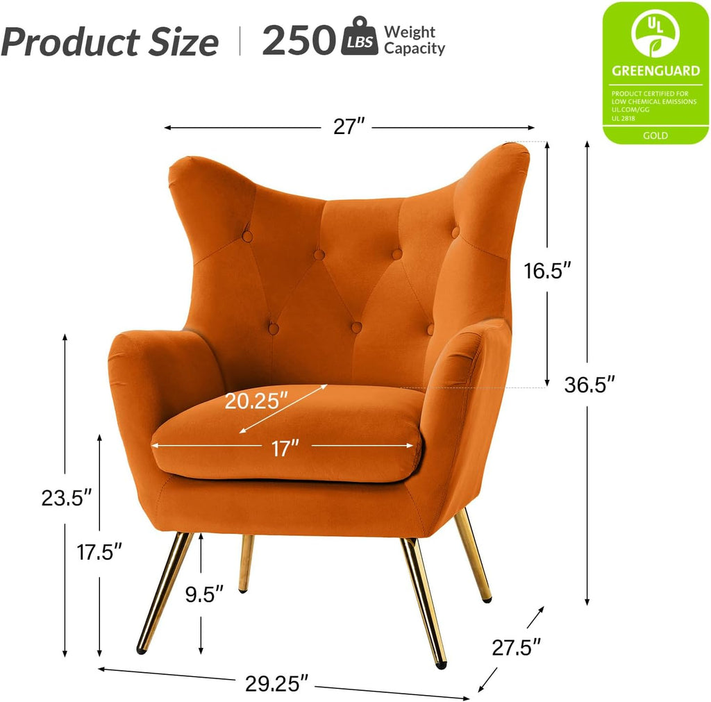 Velvet Tufted Accent Chair, Modern Wingback Arm Chair, Orange | Metal Gold Legs, Wood Frame, Velvet Tufted