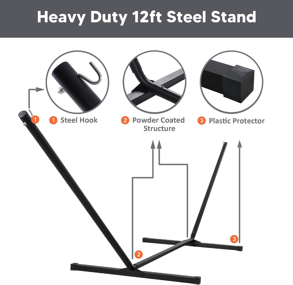 Double Portable Hammock with Stand, 2 Person Hammock with Curved Spreader Bar, Balance Ropes Included, Dark Gray | 2