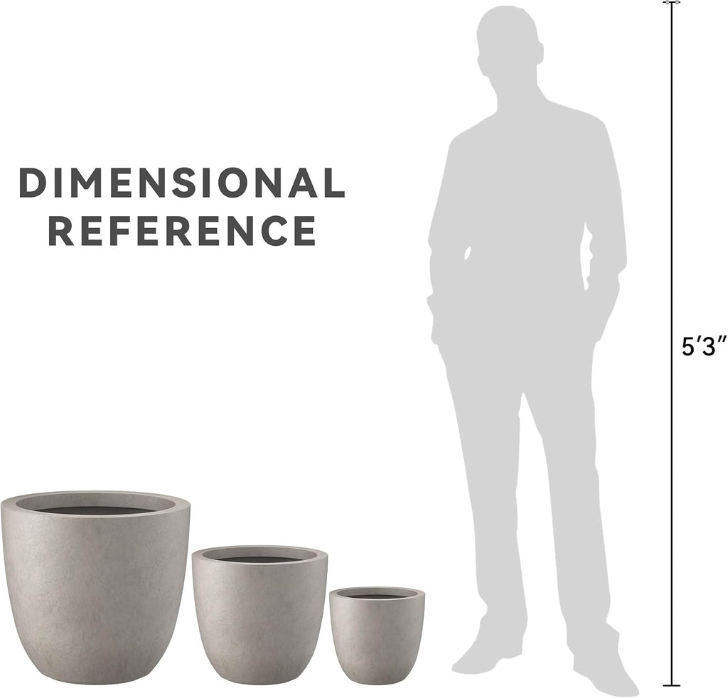 Set of 3 Weathered Concrete Bowl Planters 18" 14" 18" Dia | Drainage for Outdoor, Rubber Plug for Indoor Home