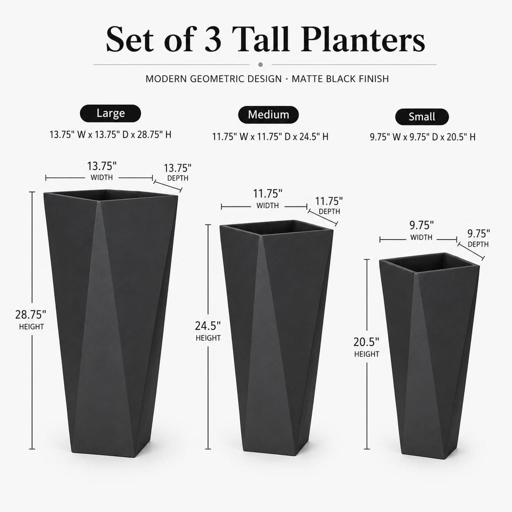 Tall Large Planters Set of 3, Modern Stackable Outdoor Flower Pots with Drainage Holes, Geometric Geometric