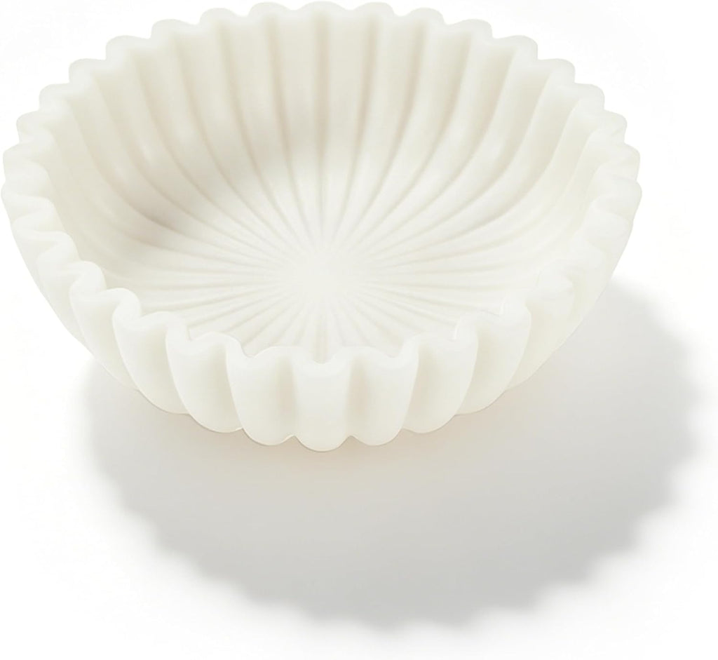 White Maeble Style Decorative Bowl, Entryway Console Centerpiece | Coffee Table Mantel Bookshelf Decor, 10" Scalloped
