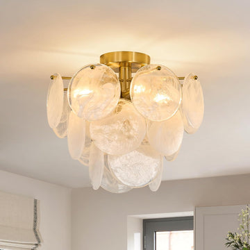 Gold Semi Flush Mount Chandelier, Round Cloud Glass Bedroom Light Fixtures | Modern Mid Century Small Bathroom