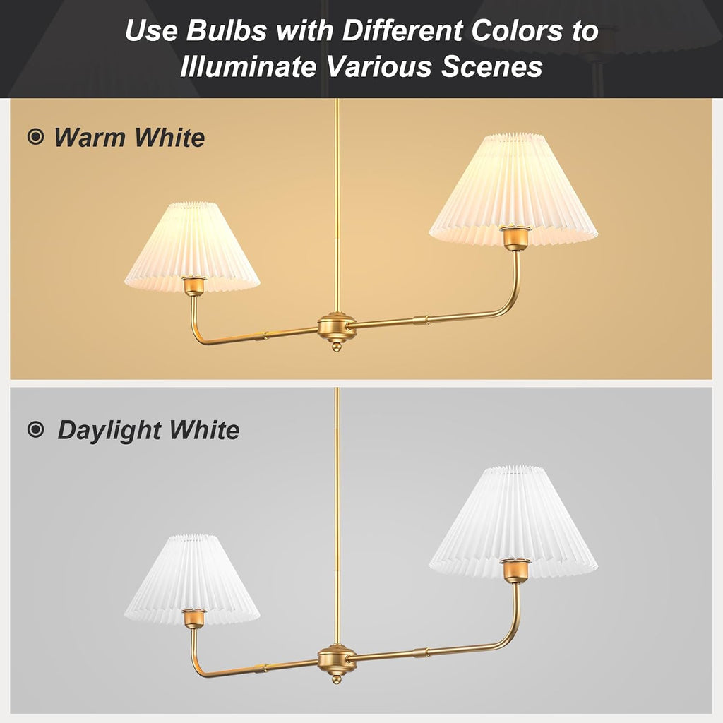 2-Light Gold Linear Chandelier with White Fabric Shade | 55" Modern Dining Room Light Fixture, Kitchen Island