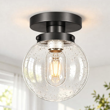 Small Semi Flush Mount Ceiling Light Fixtures, Vintage Globe Bubble Clear Glass Ceiling Light Fixture, Black Hallway