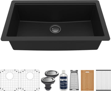 33" Undermount Quartz Composite Workstation Sink, Black | Black workstation sink includes cutting board, colander