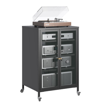 Stereo Cabinet, Metal Media Storage Cabinet with Glass Doors, Audio-Video Media Stand with 4 Adjustable Shelves, AV