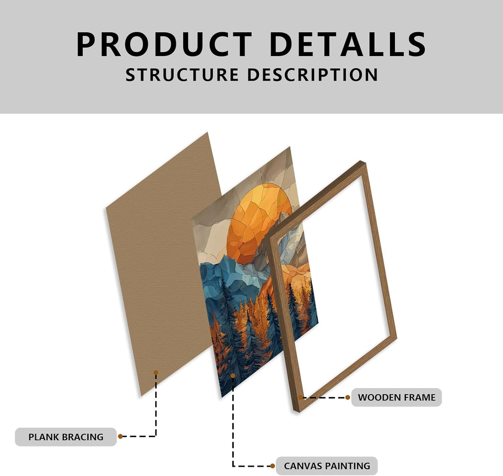 Mountain Wall Art Set of 3 Framed, Abstract Landscape Canvas Prints with Sunset Forest, Boho Nordic Nature Wall Decor