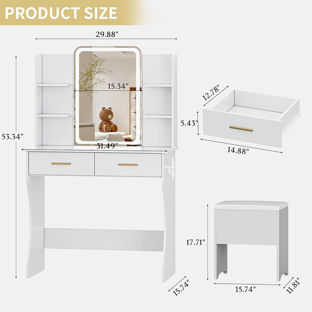 Vanity Desk with LED Lights Mirror & Power Outlet, Small Makeup Vanity Table Set with Storage Drawers & Chair, 3