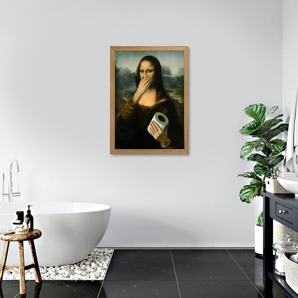 Wood Framed Funny Bathroom Canvas Wall Art Vintage Mona Lisa Wall Decor Humor Toilet Paper Pinching Nose Prints