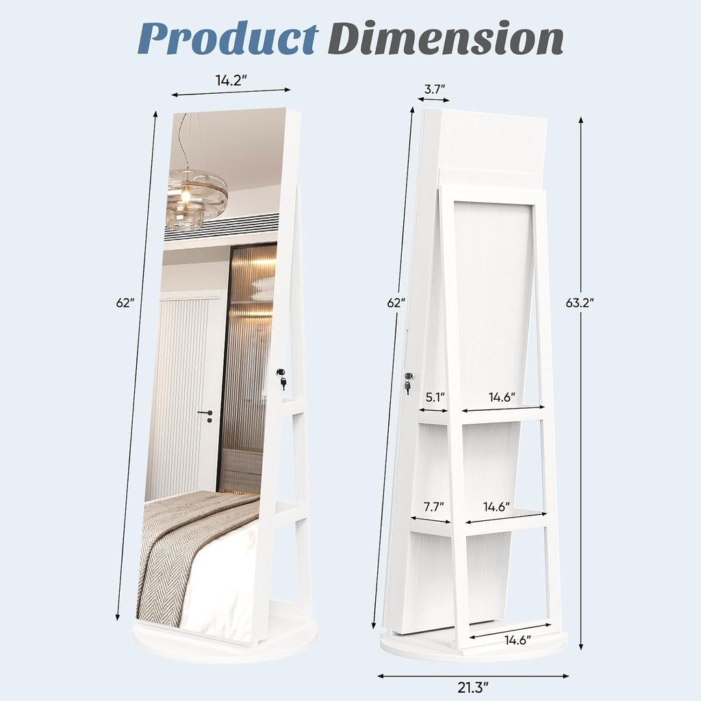 360° Rotating Jewelry Armoire with Full-Length Mirror & LED, Lockable Standing Organizer, Secure Storage